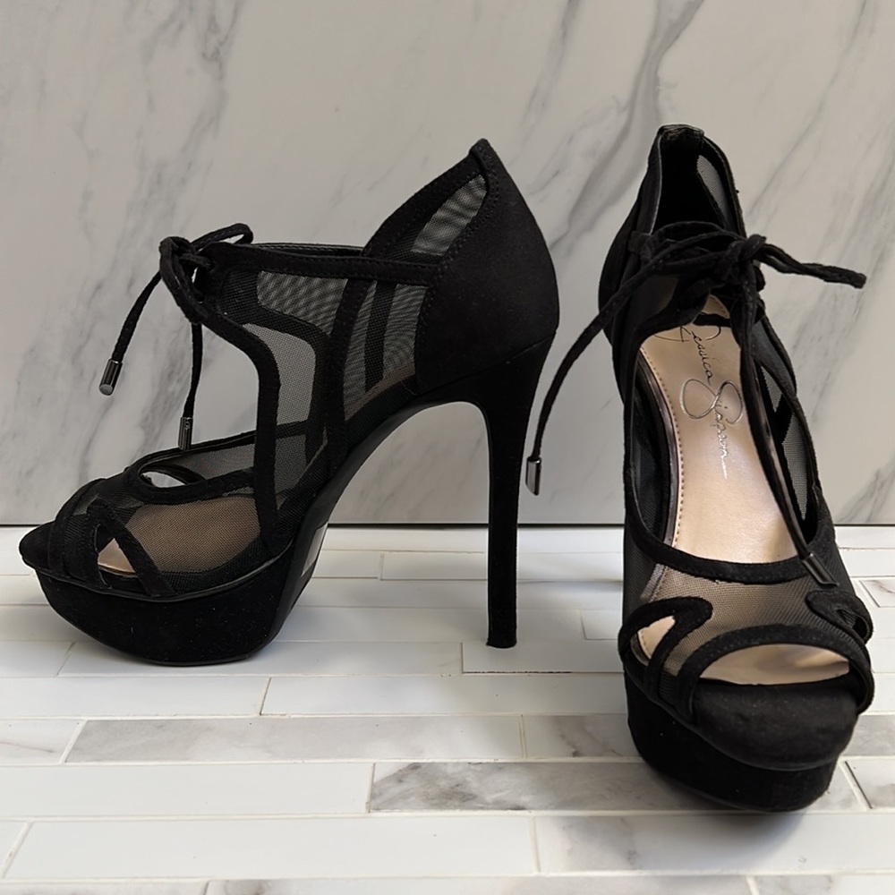 Jessica Simpson Black Mesh Suede Trim Lace Up Heels Size 6